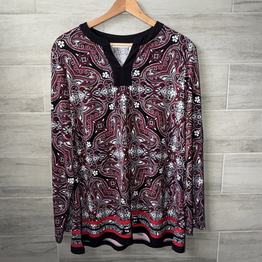 Susan Graver Paisley Floral Red White Black Tunic Top Size Large LS Slit Side